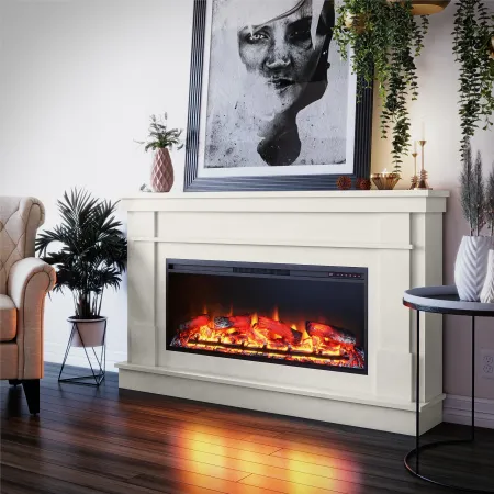 Elmcroft Ivory Wide Mantel with Linear Electric Fireplace