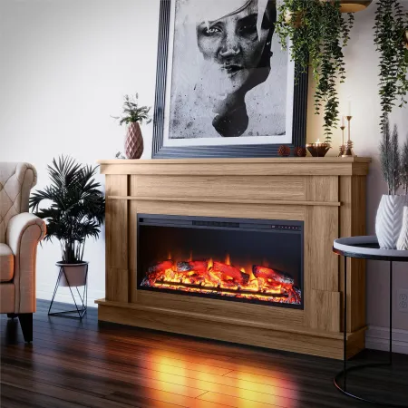 Elmcroft Brown Wide Mantel with Linear Electric Fireplace