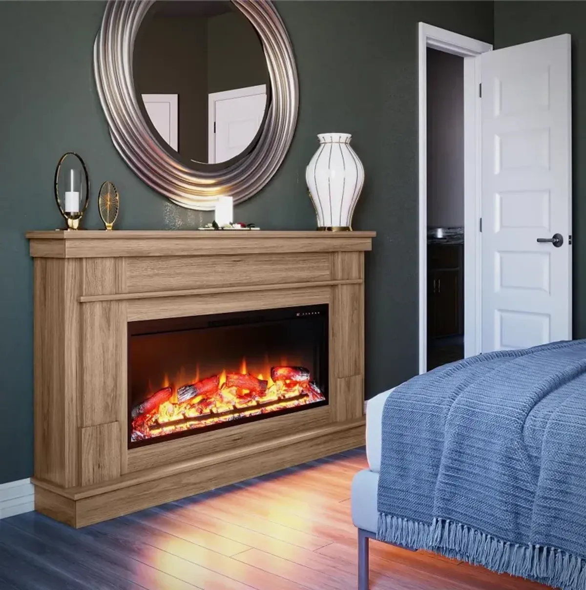 Elmcroft Brown Wide Mantel with Linear Electric Fireplace