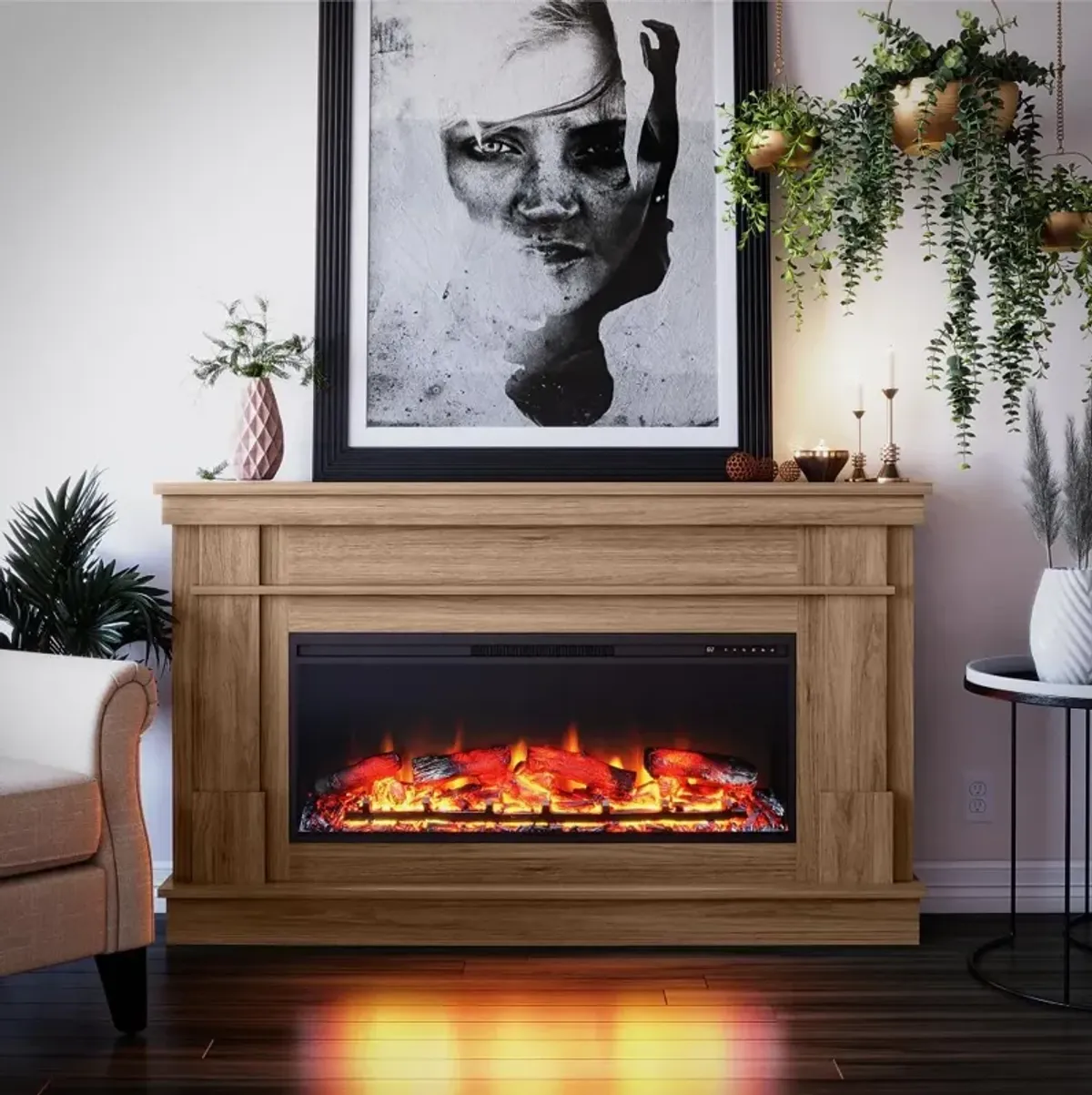 Elmcroft Brown Wide Mantel with Linear Electric Fireplace