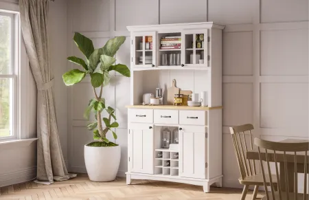 Homestyles Large White Buffet and Wooden Top with Hutch