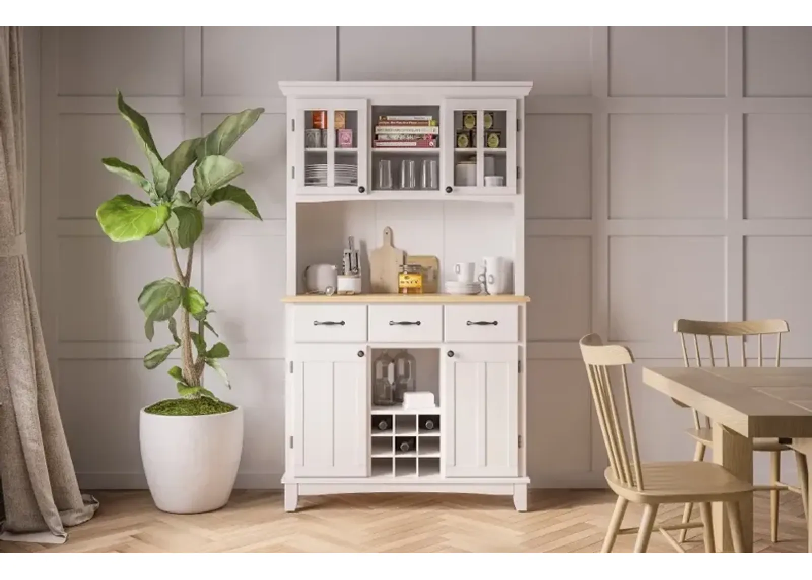 Homestyles Large White Buffet and Wooden Top with Hutch