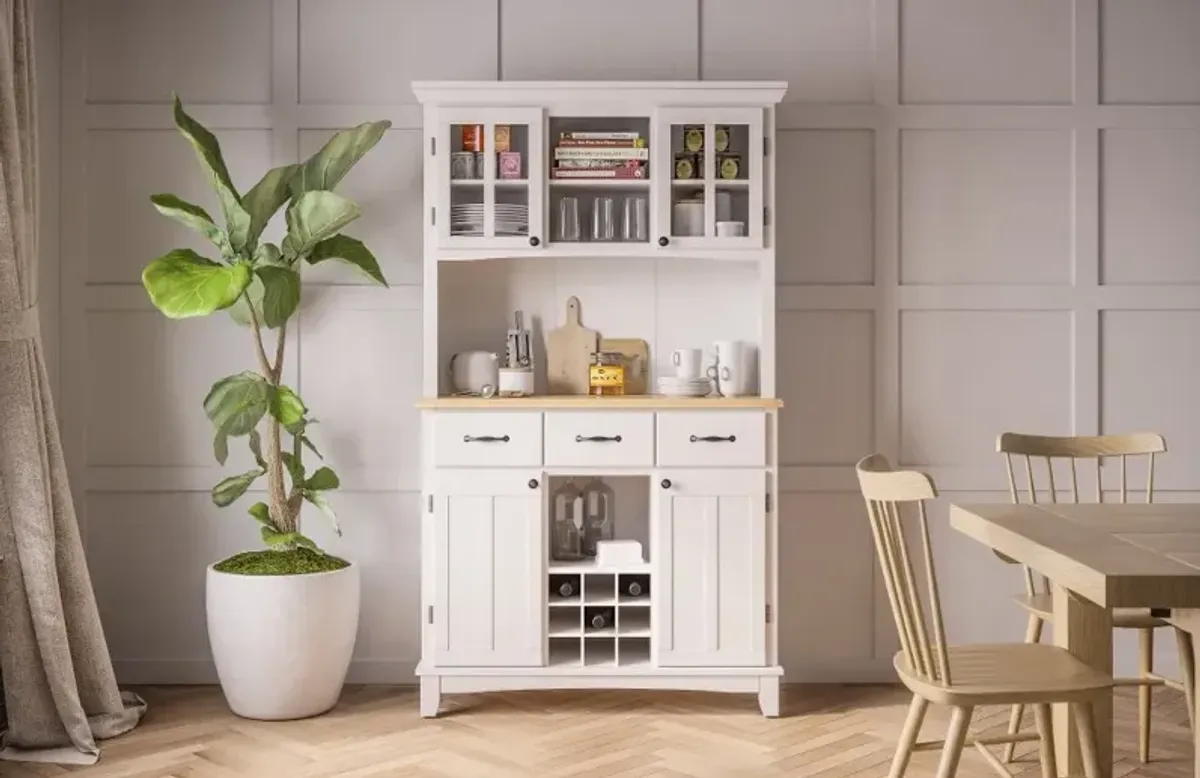 Homestyles Large White Buffet and Wooden Top with Hutch