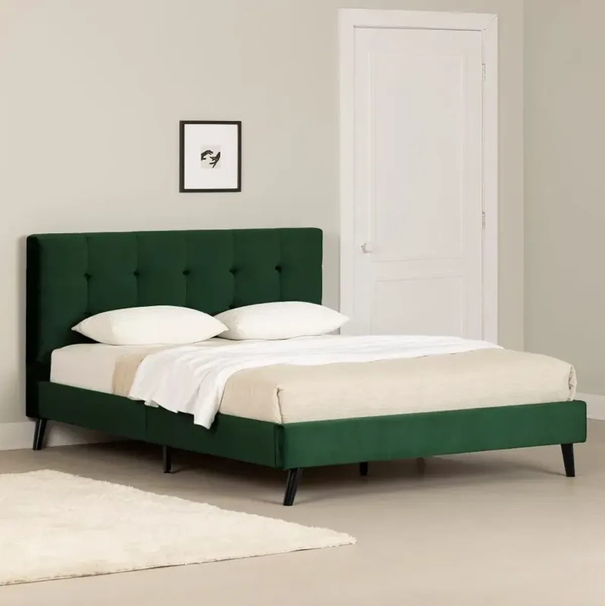 Maliza Dark Green Queen Upholstered Platform Bed - South Shore