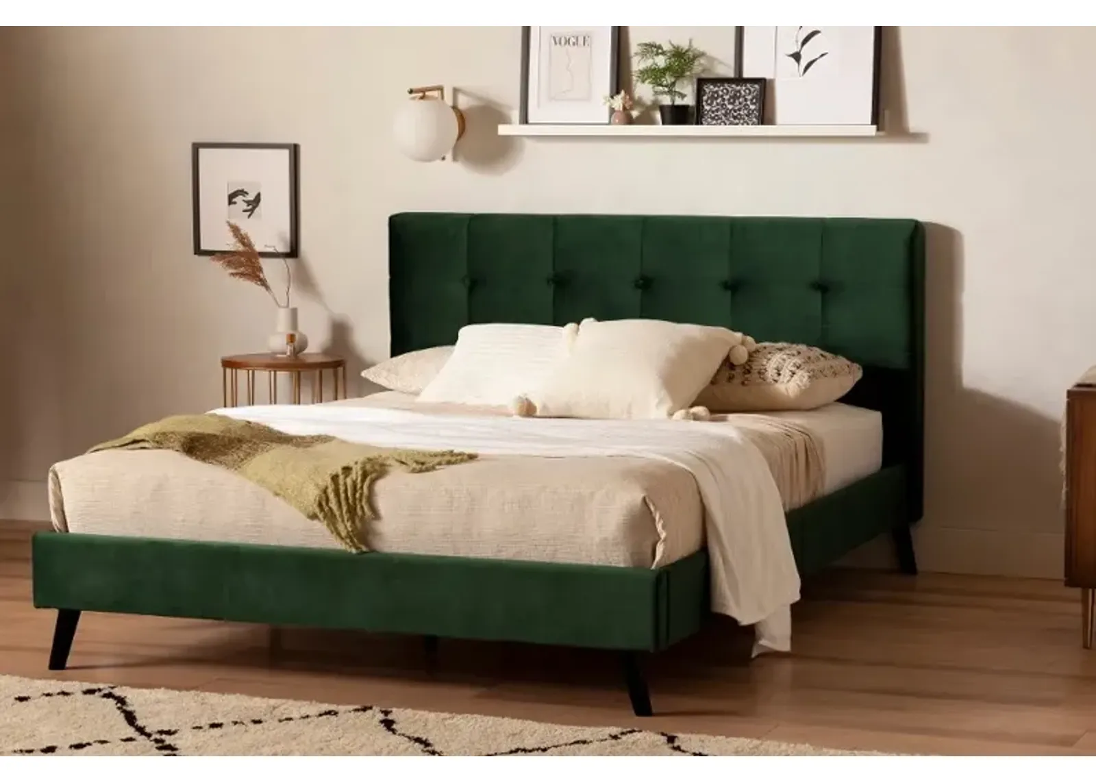 Maliza Dark Green Queen Upholstered Platform Bed - South Shore