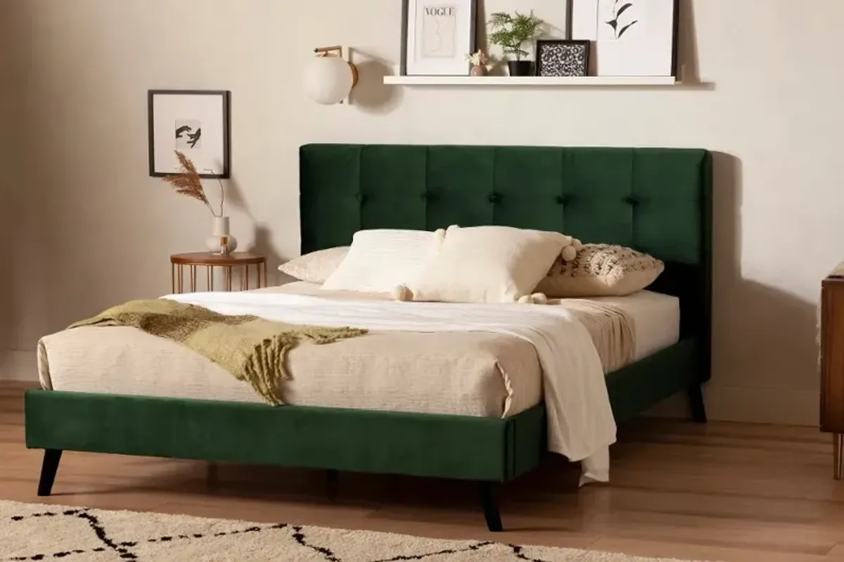 Maliza Dark Green Queen Upholstered Platform Bed - South Shore