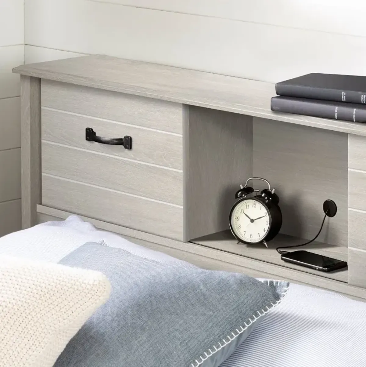 Ulysses Gray Oak Full Bookcase Headboard - South Shore