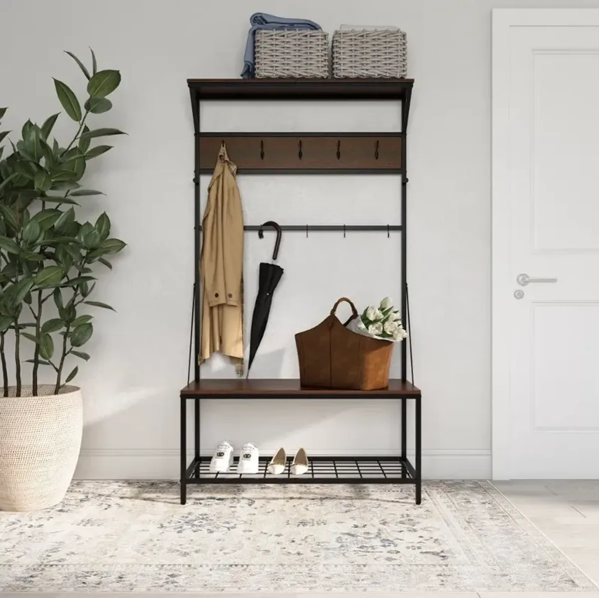 Rowan Walnut and Metal Tree Bench and Shoe Rack