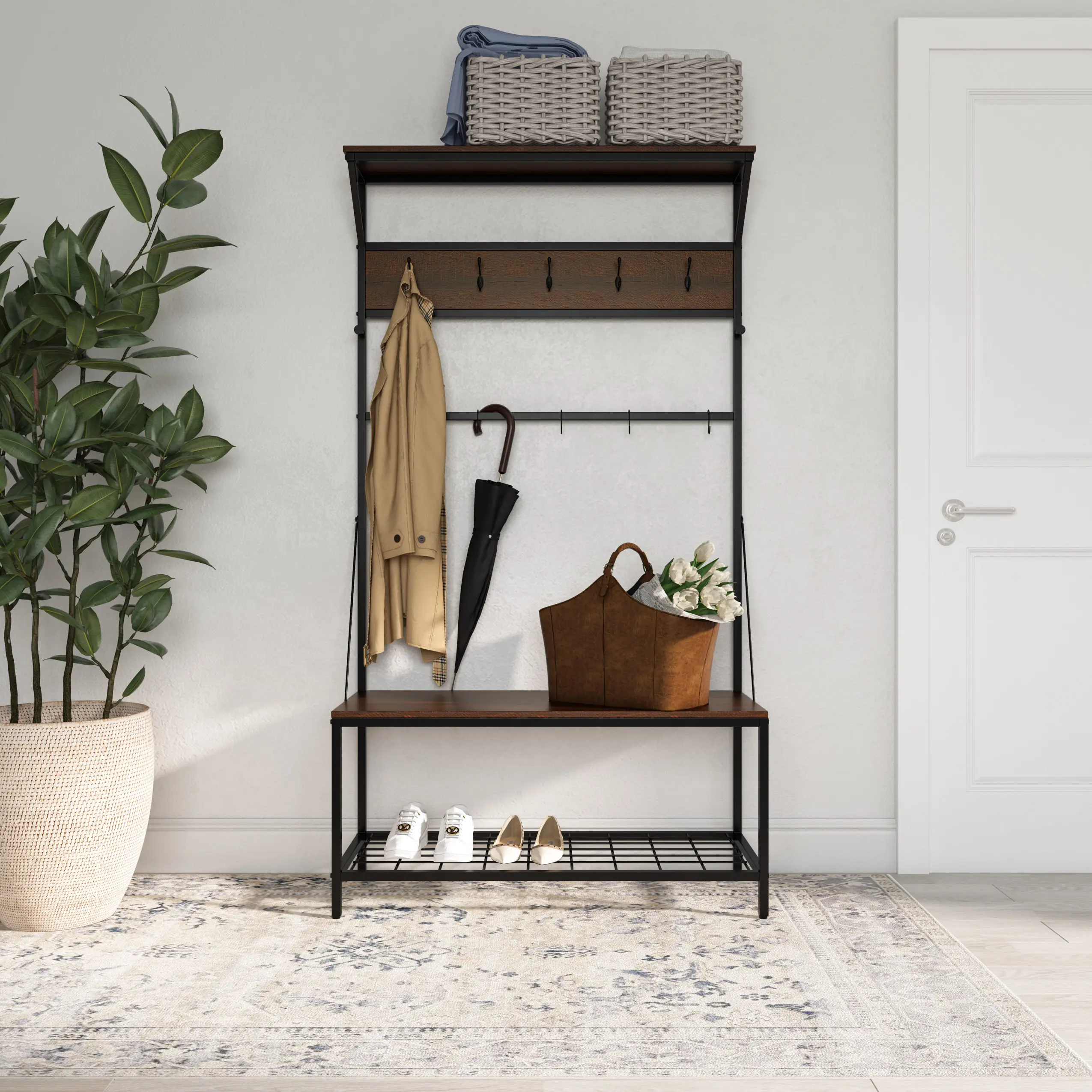 Rowan Walnut and Metal Tree Bench and Shoe Rack