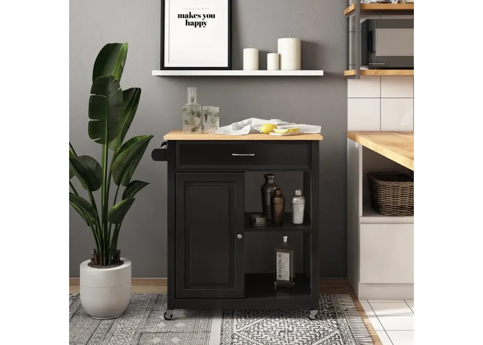 Sage Black Wood Kitchen Cart With Cupboard