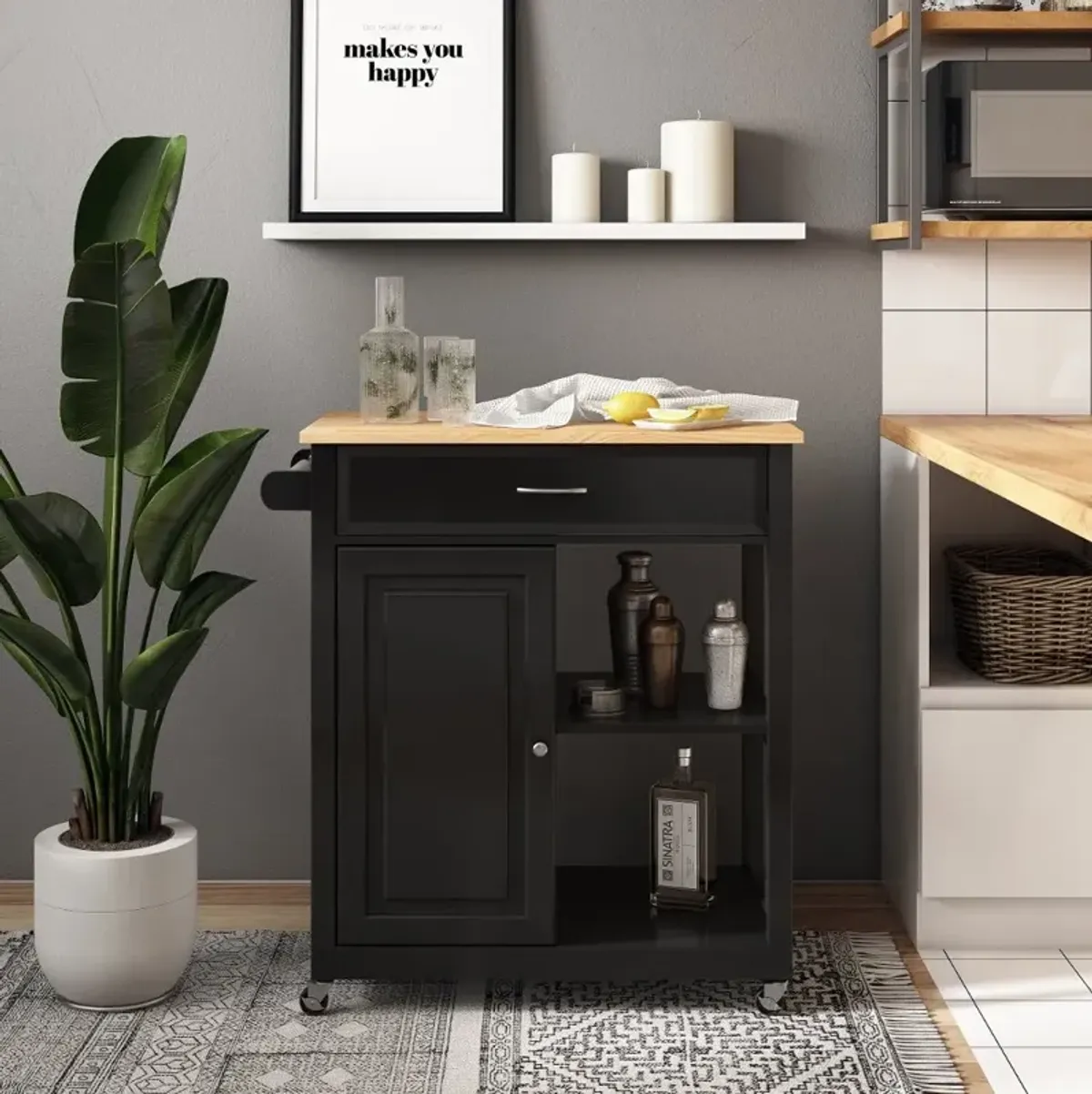 Sage Black Wood Kitchen Cart With Cupboard