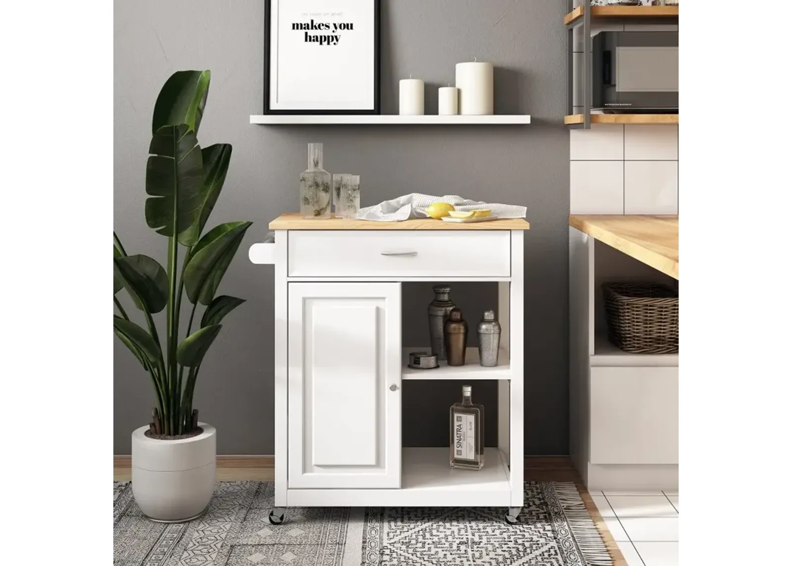 Sage White Wood Kitchen Cart With Cupboard