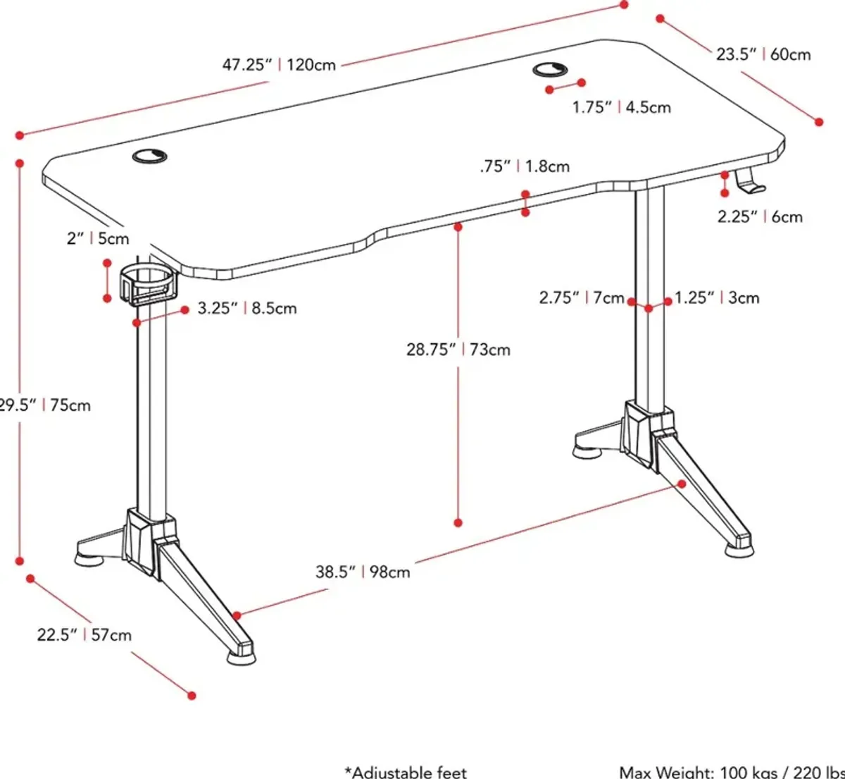 Conqueror Black and Red Gaming Desk with LED Lights