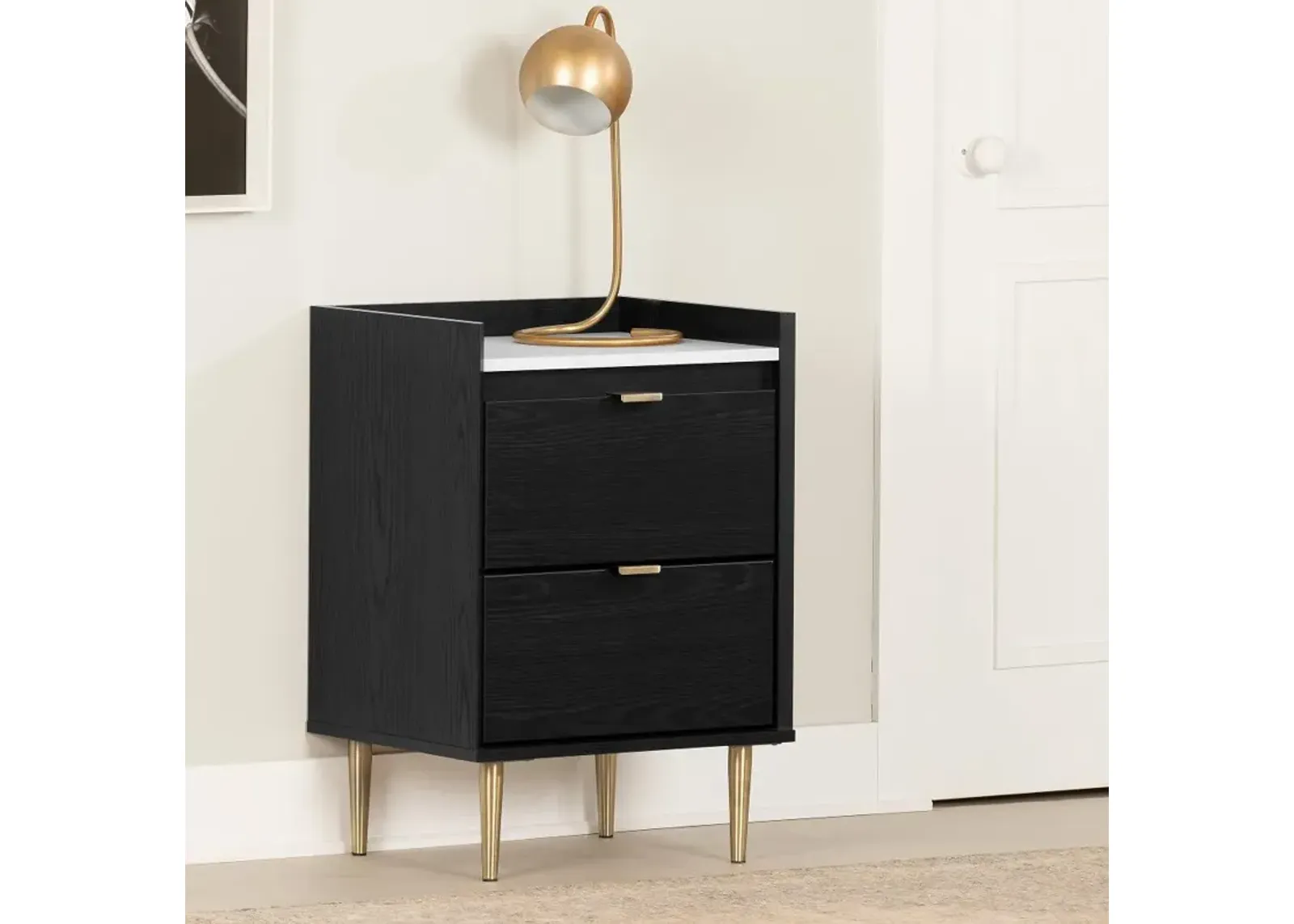 Hype Black and Faux Carrara Marble 2-Drawer Nightstand - South Shore