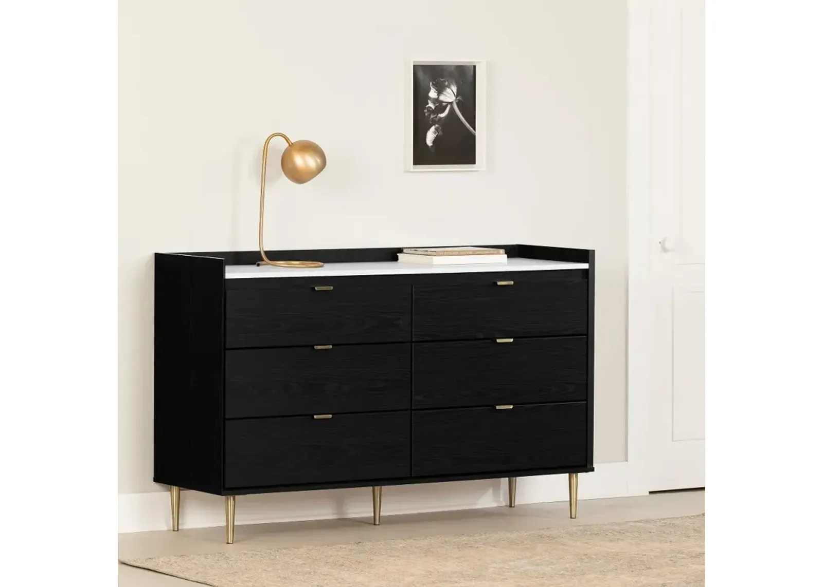 Hype Black and Carrara Marble 6-Drawer Double Dresser - South Shore