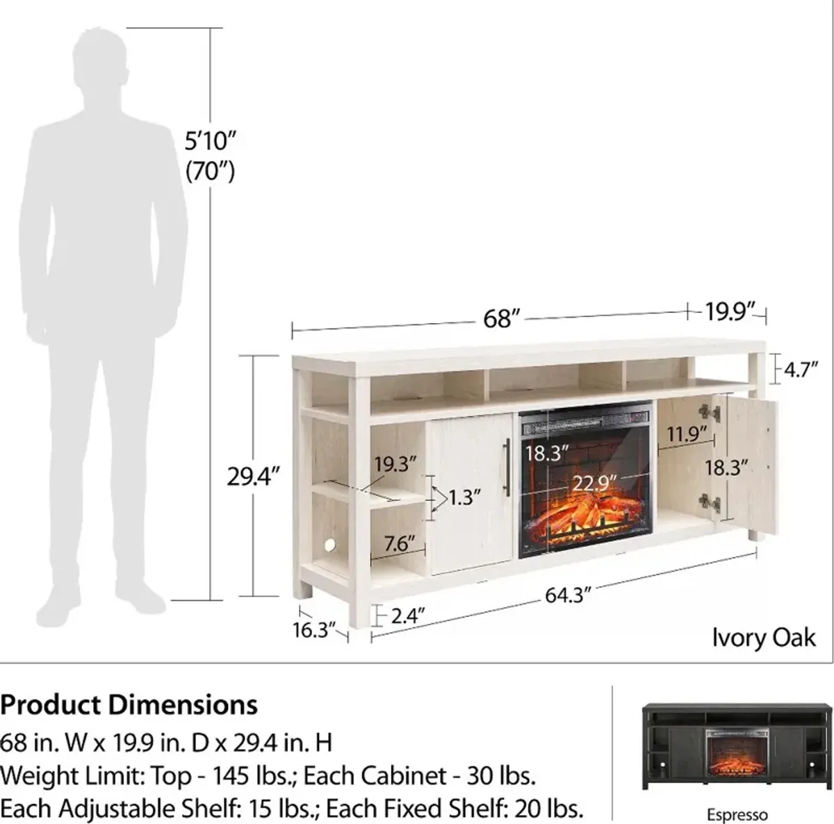 Garrick Ivory Oak 75" Electric Fireplace TV Console