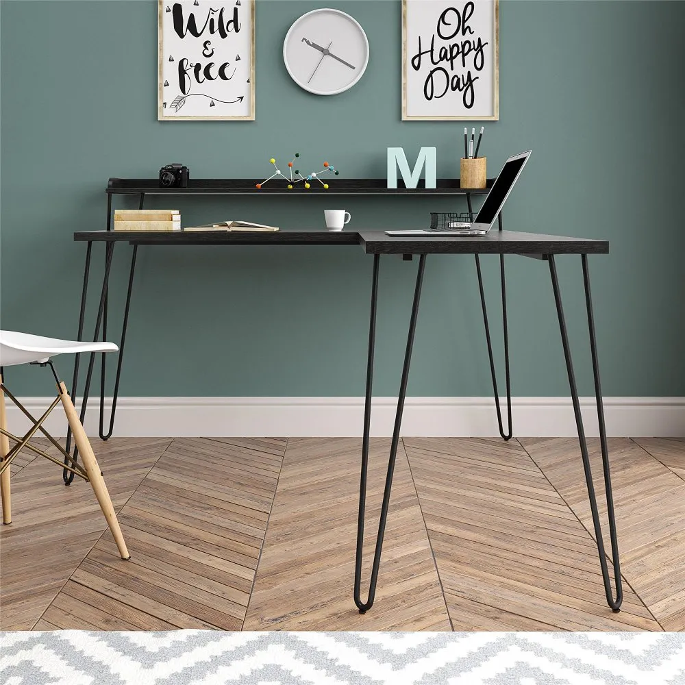 Haven Black Oak L-Shaped Desk with Riser