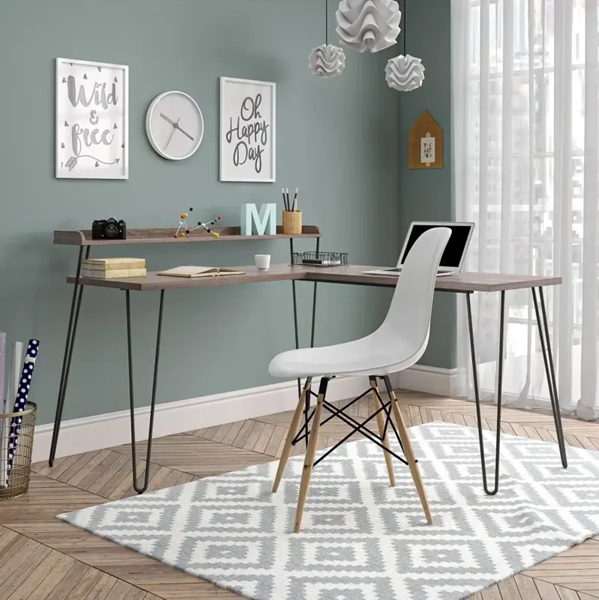 Haven Distressed Gray Oak L-Shaped Desk with Riser