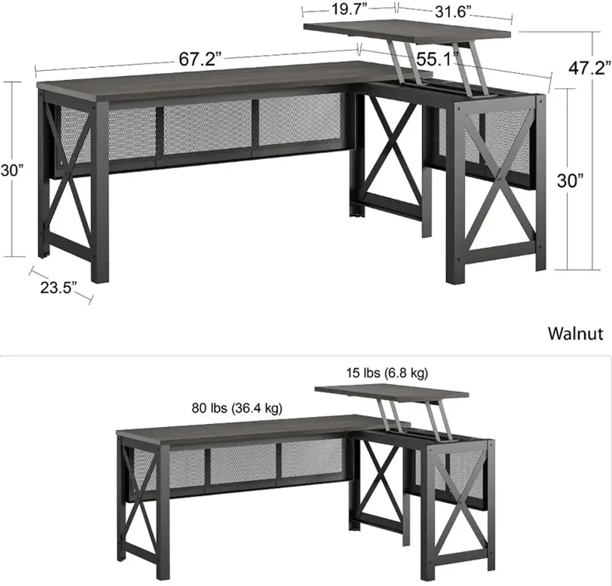 Hudson Walnut L-Shaped Desk with Lift Top