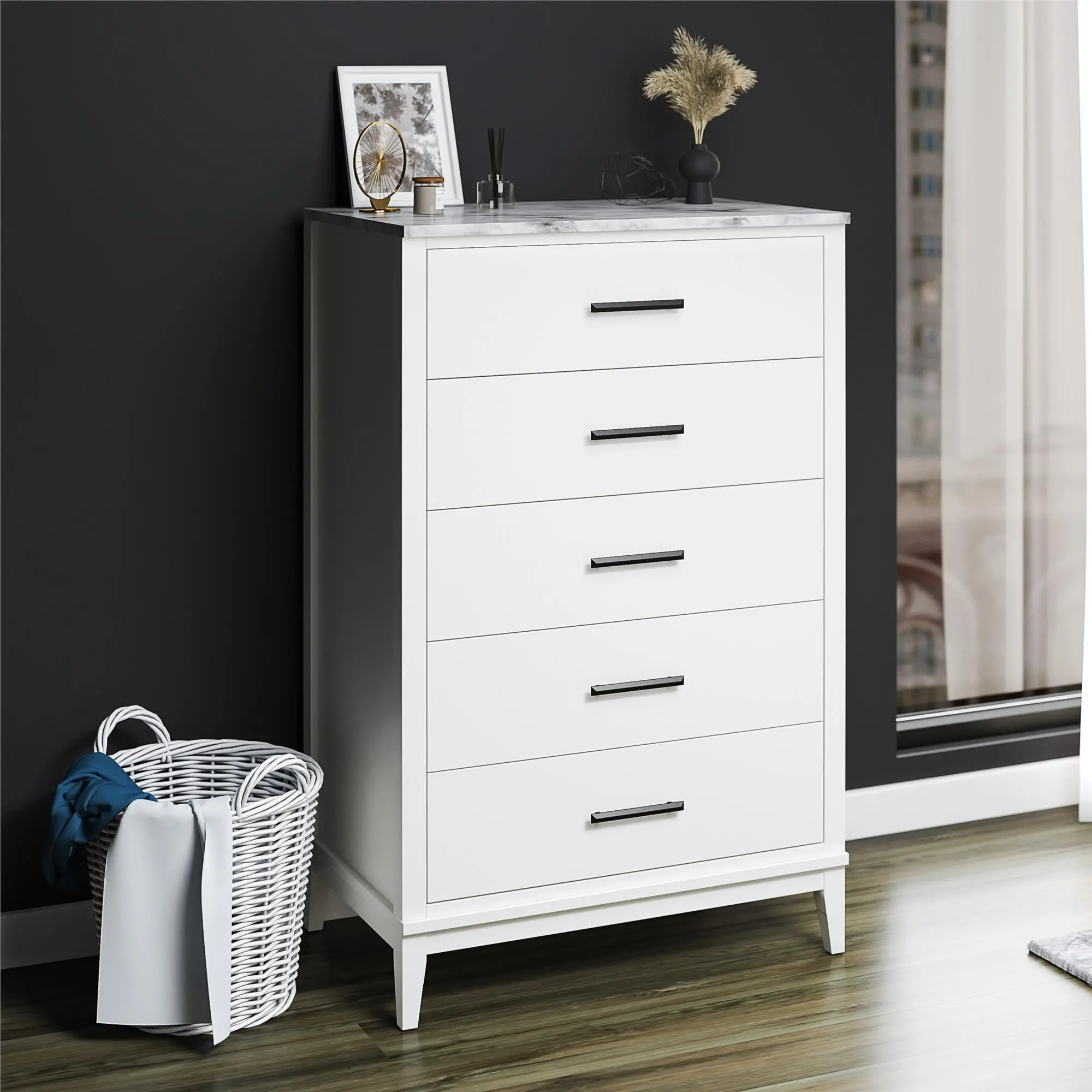 Lynnhaven White 5 Drawer Dresser with White Marble Top