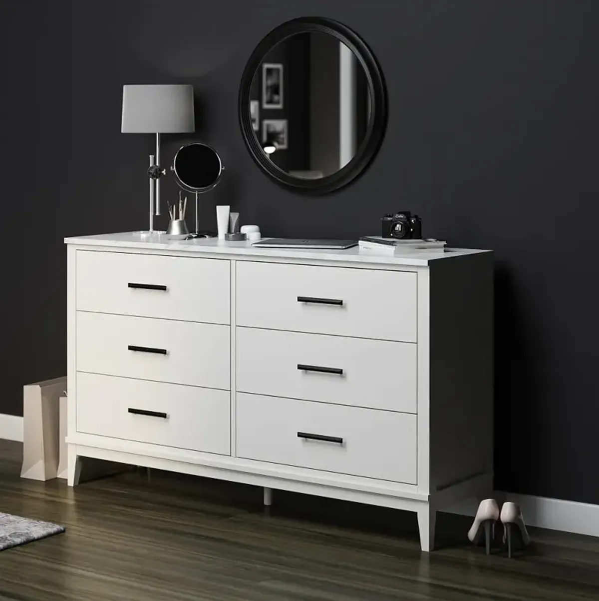 Lynnhaven White 6 Drawer Dresser with White Marble Top