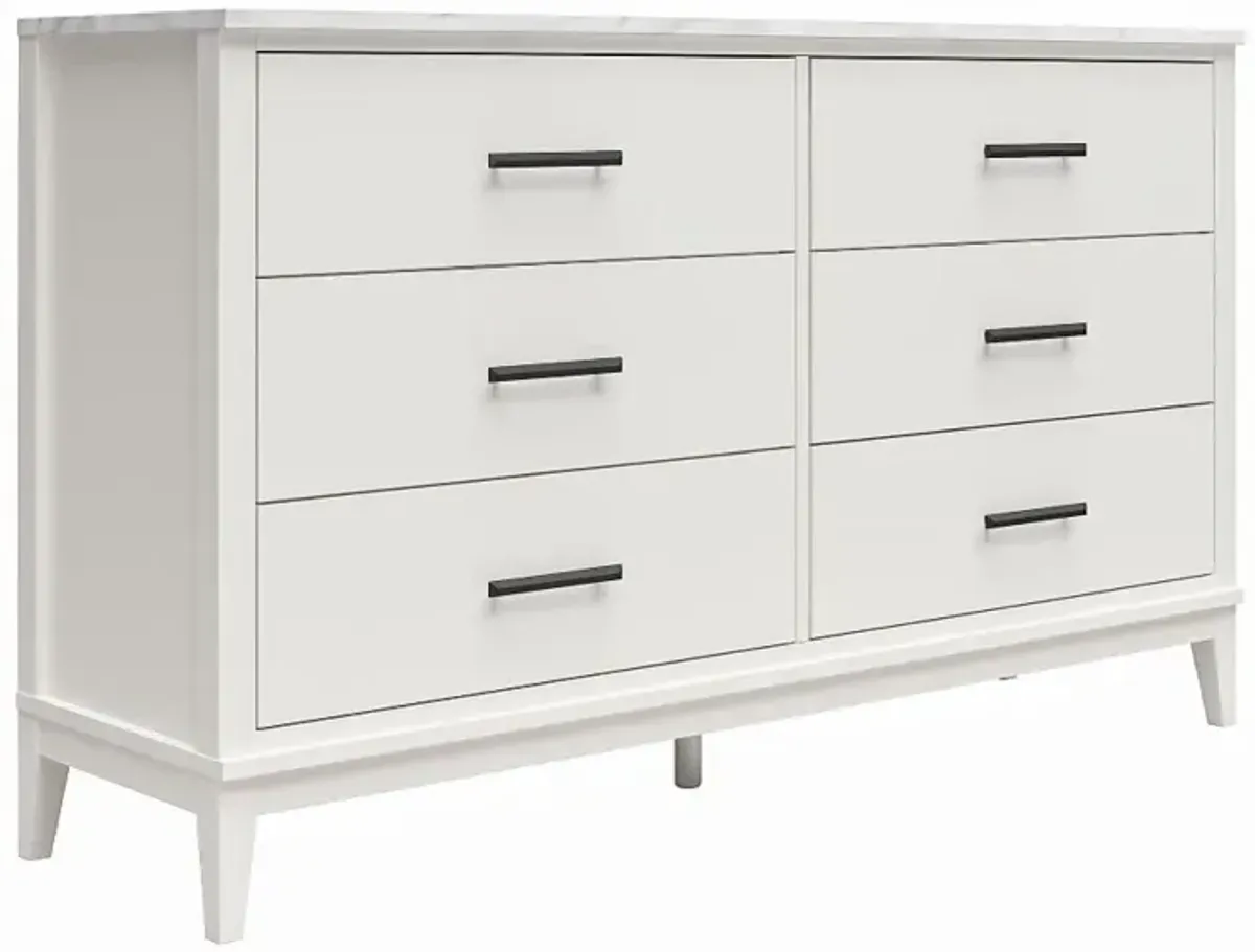 Lynnhaven White 6 Drawer Dresser with White Marble Top