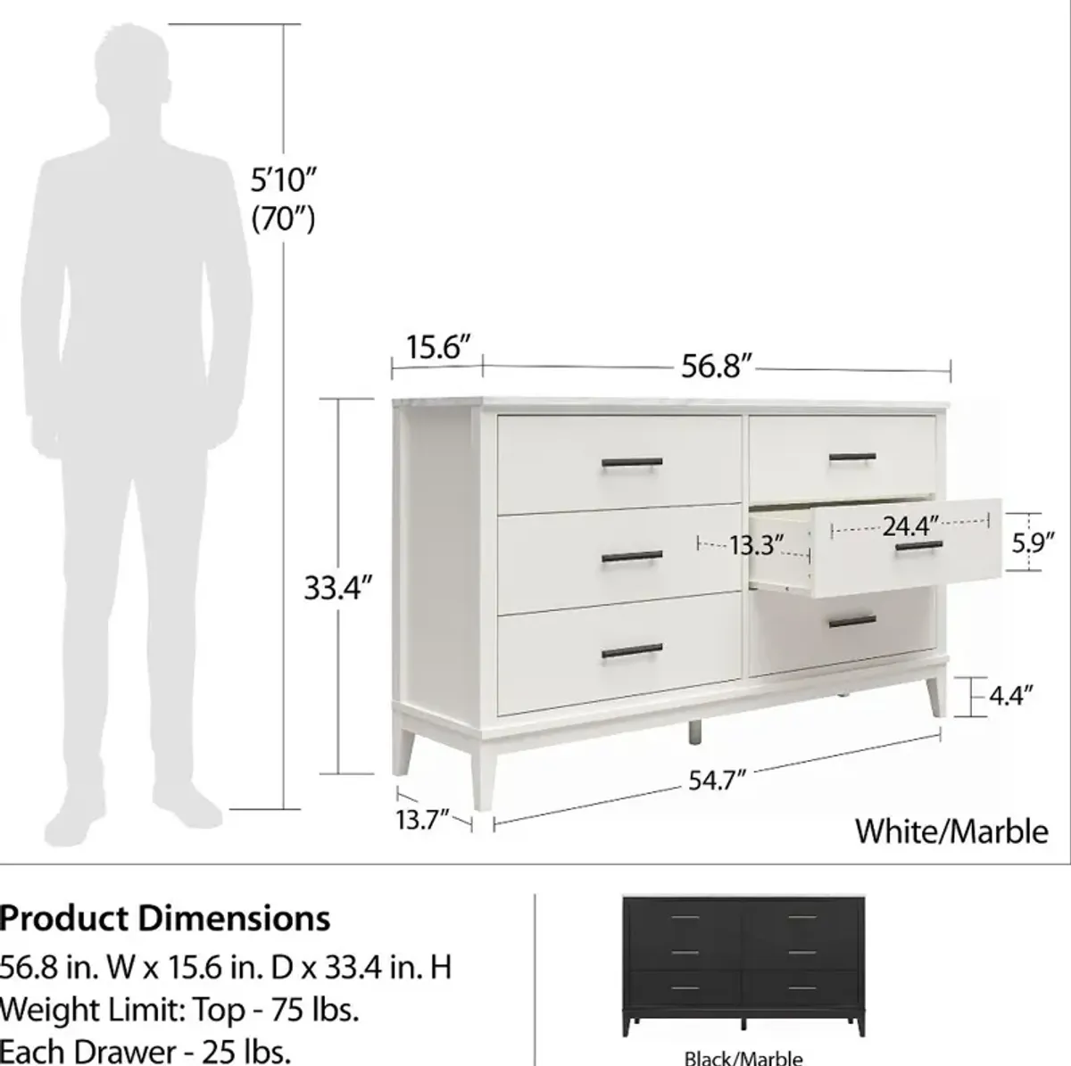 Lynnhaven White 6 Drawer Dresser with White Marble Top