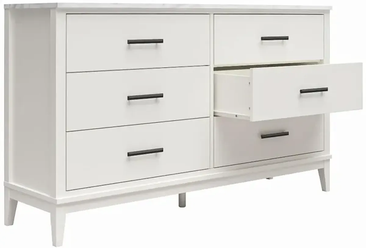 Lynnhaven White 6 Drawer Dresser with White Marble Top