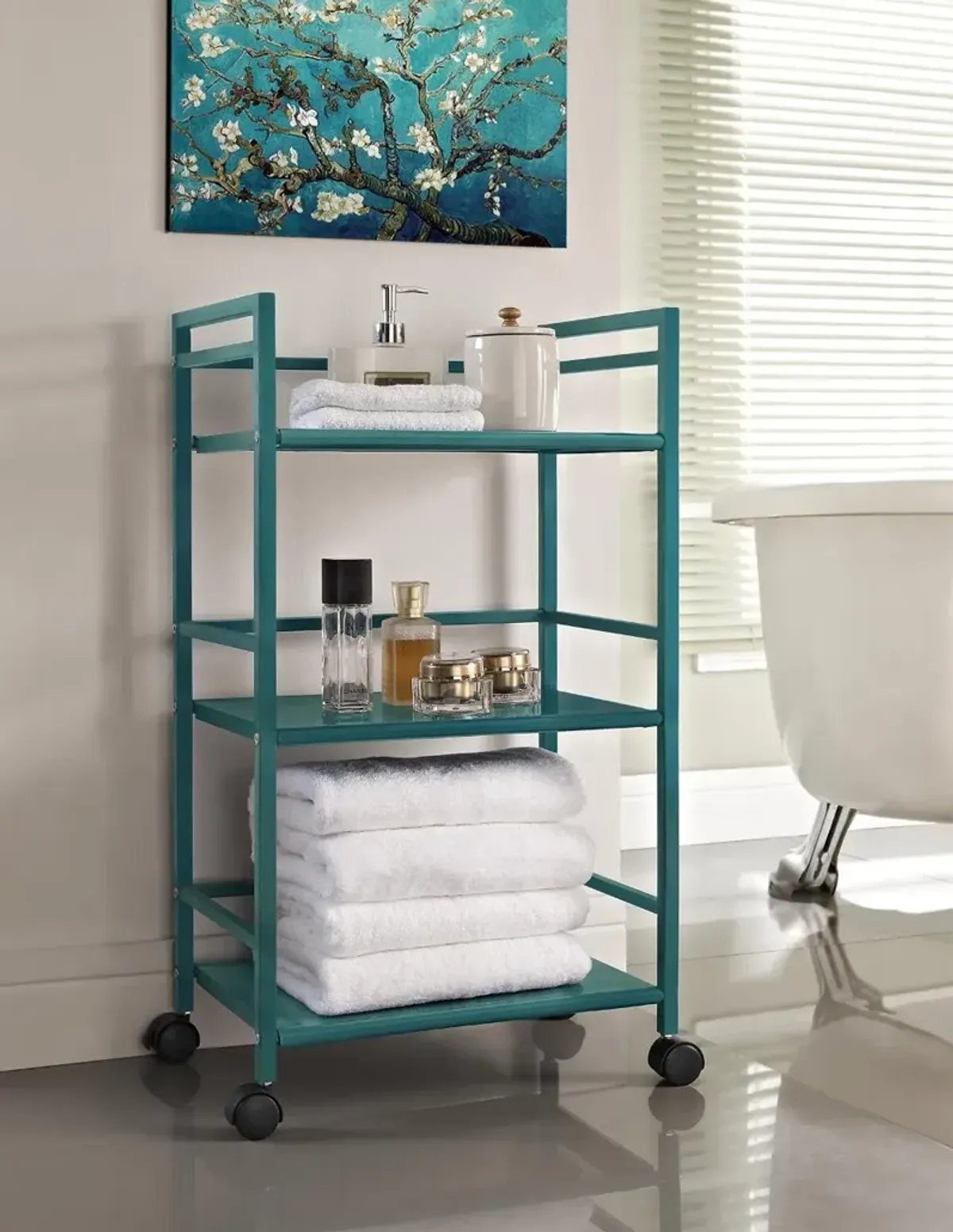 Marshall Teal 3 Shelf Metal Rolling Utility Cart