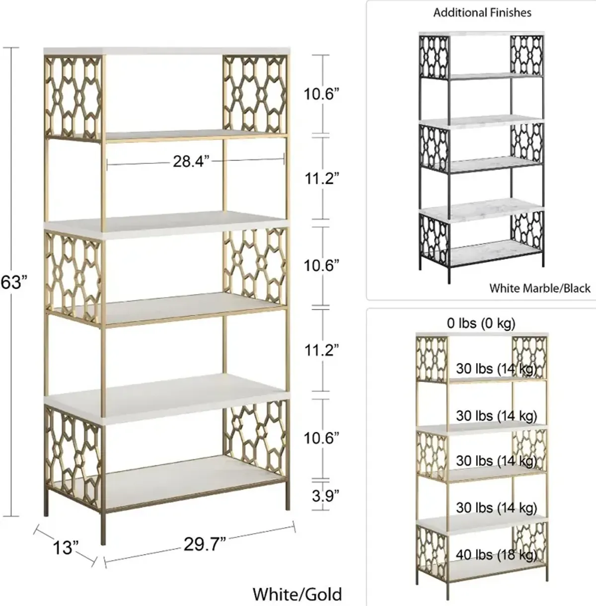 Ella White Marble 5 Shelf Bookcase