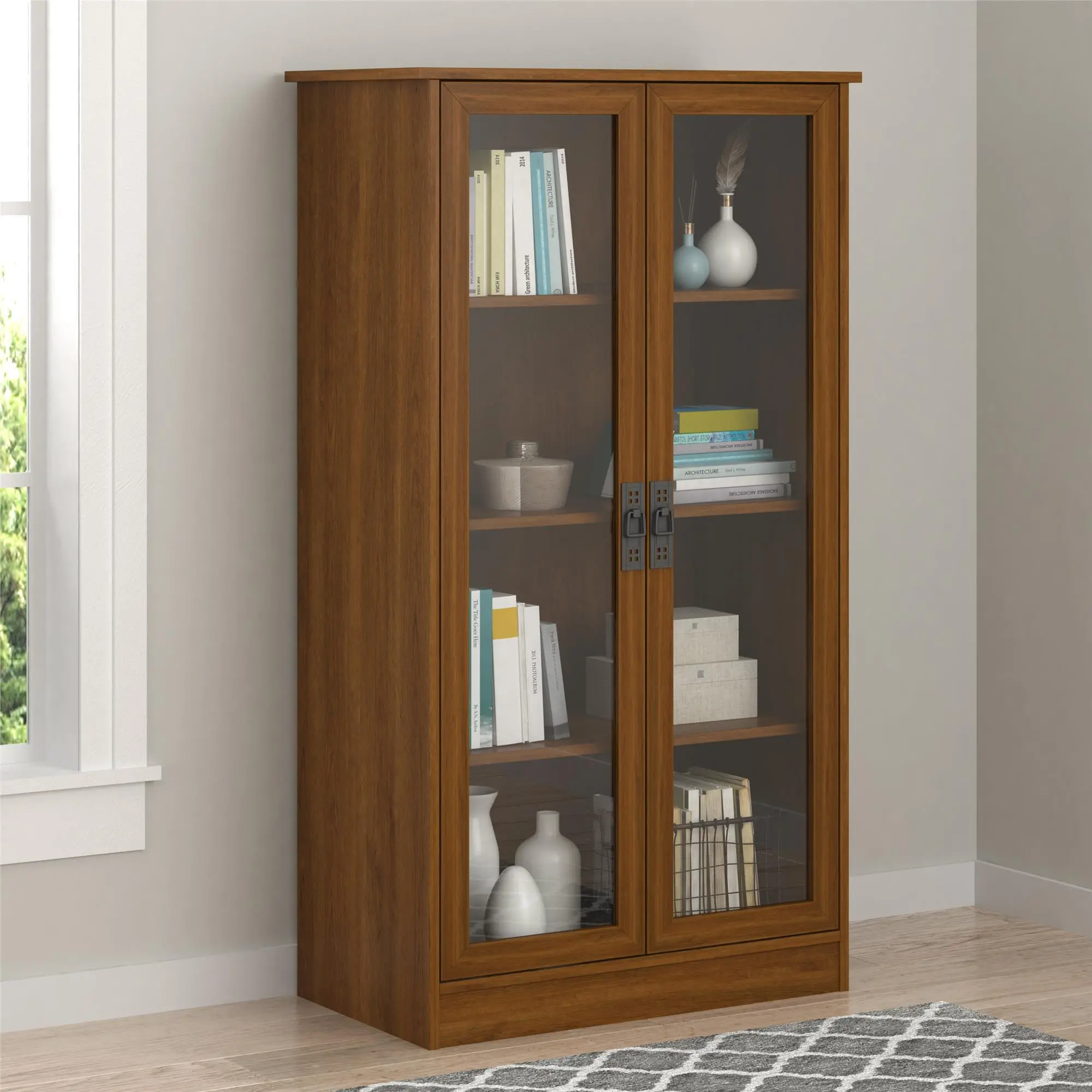 Quinton Point Brown Oak Bookcase with Glass Doors