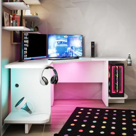Ntense Mod White Corner Gaming Desk with LED Light Kit
