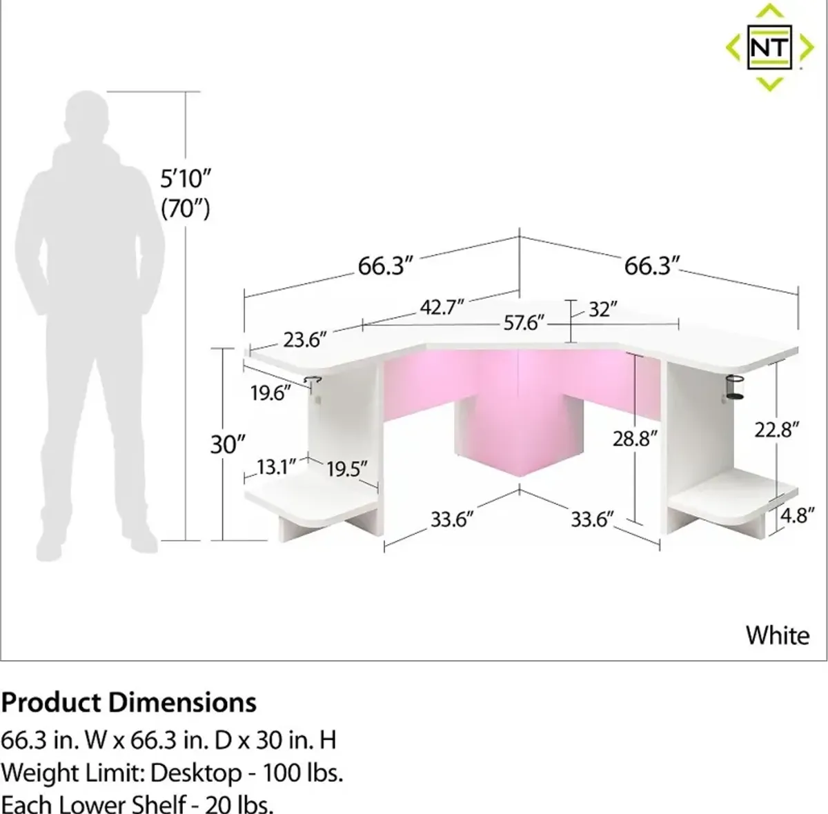 Ntense Mod White Corner Gaming Desk with LED Light Kit