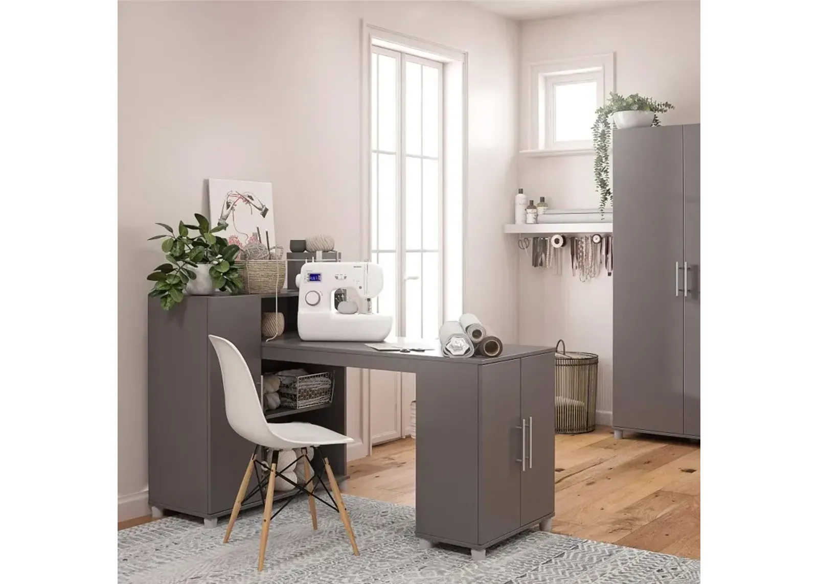 Camberly Graphite Gray Craft Desk with Storage Cabinet