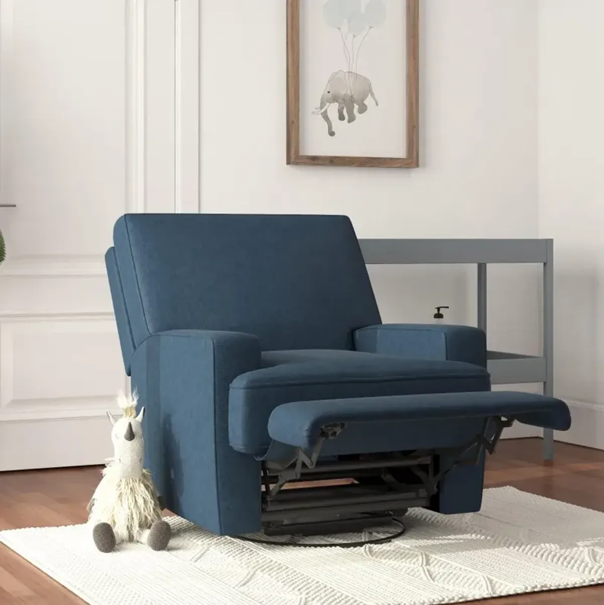 Rufus Dark Blue Nursery Swivel Recliner