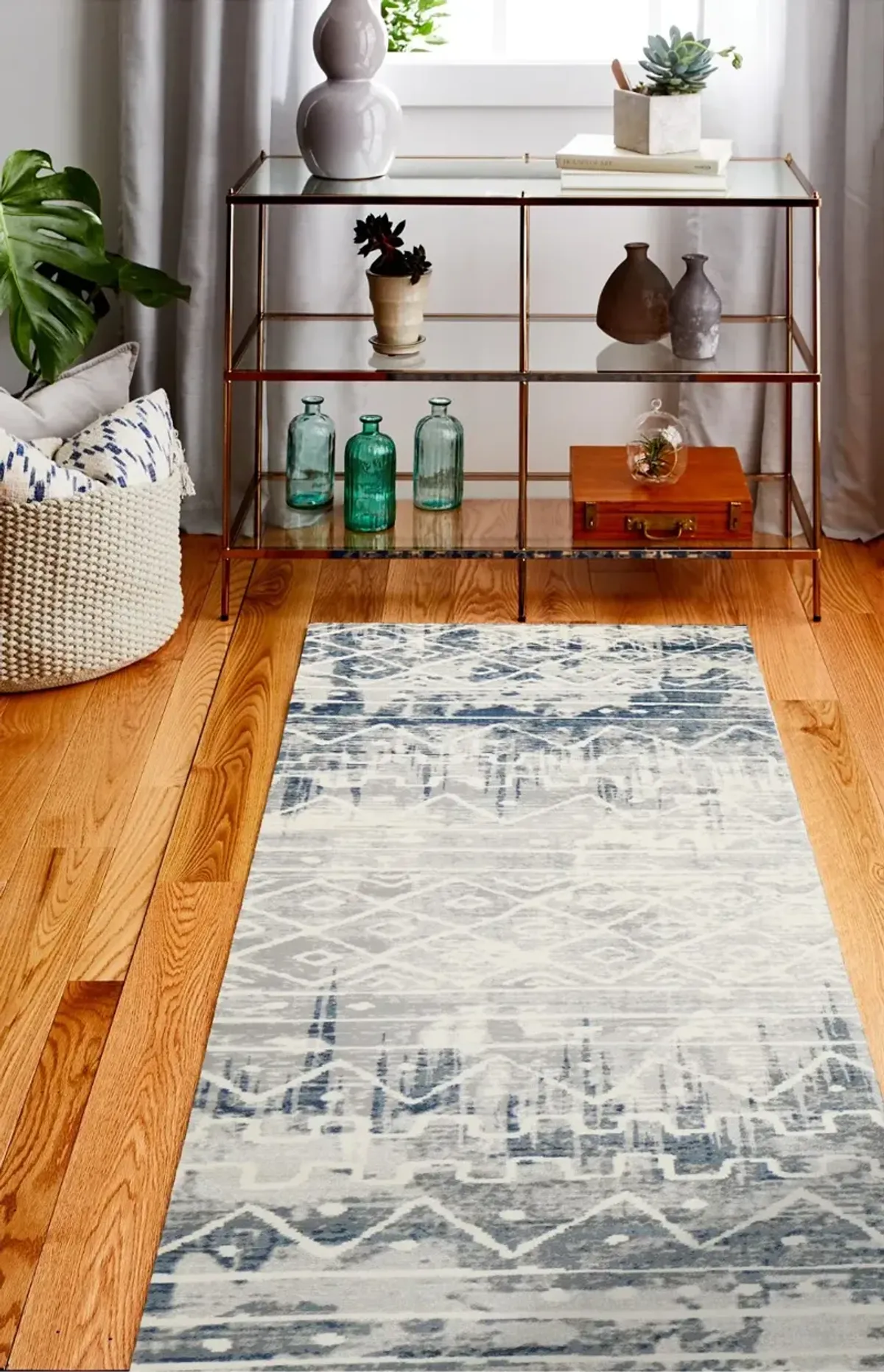 Livia Blue and Gray Bohemian 8 Foot Runner Rug