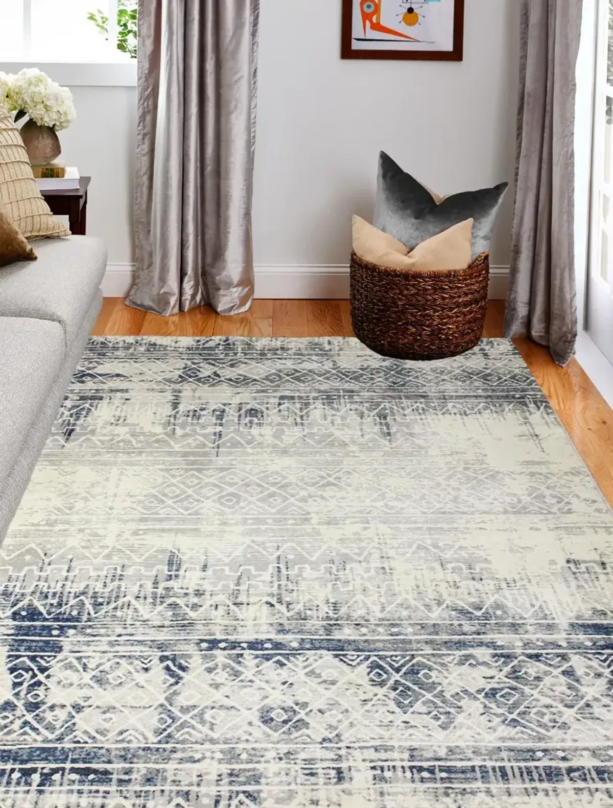 Livia Blue and Gray Bohemian 8 Foot Runner Rug