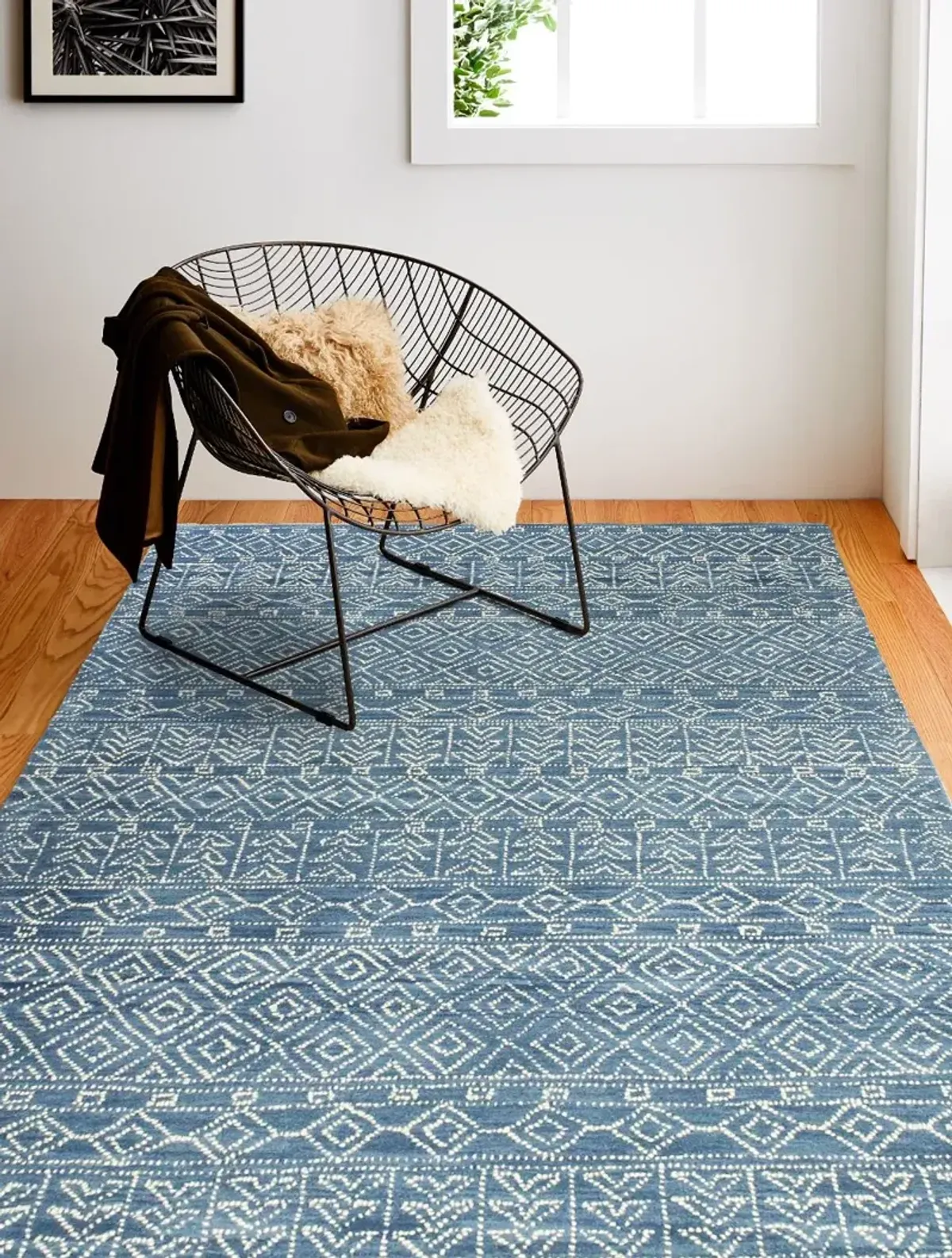 Ephraim Geometric Blue Wool 8 Foot Runner Rug