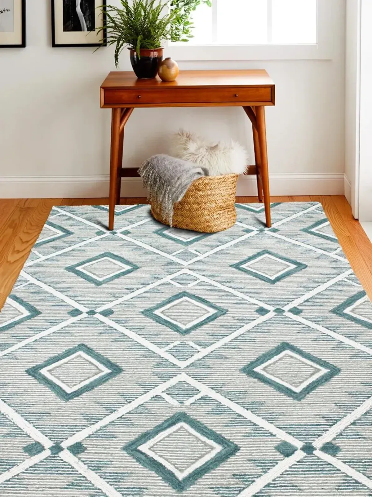 Ember Geometric Teal 8 Foot Runner Rug