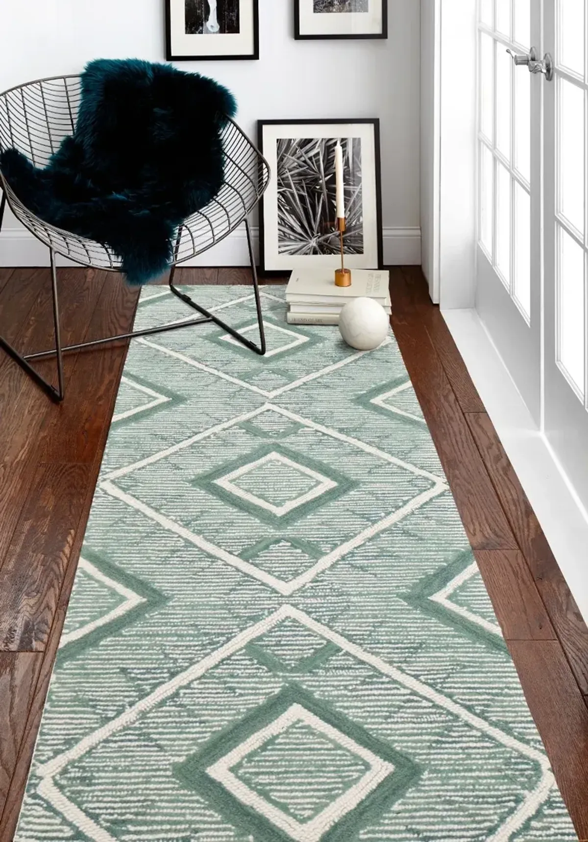 Ember Geometric Teal 8 Foot Runner Rug