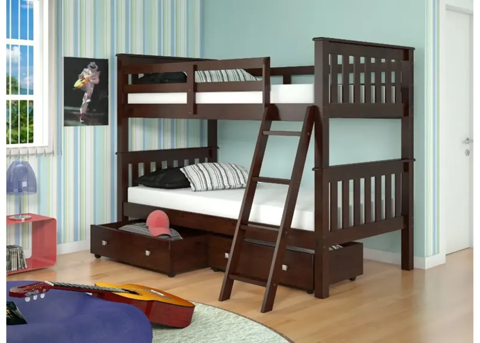 Mission Dark Brown Twin-over-Twin Bunk Bed with Drawers