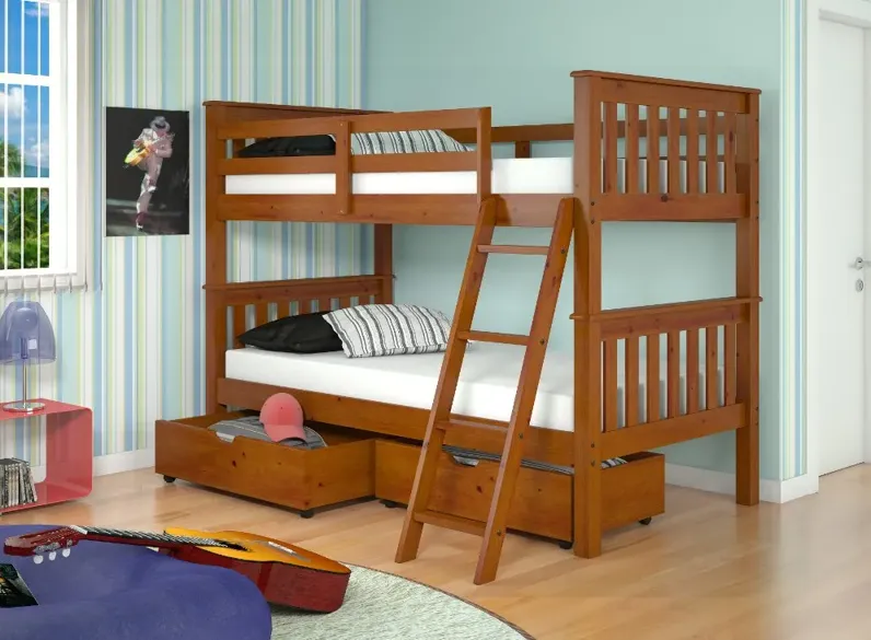 Mission Light Brown Twin-over-Twin Bunk Bed with Drawers