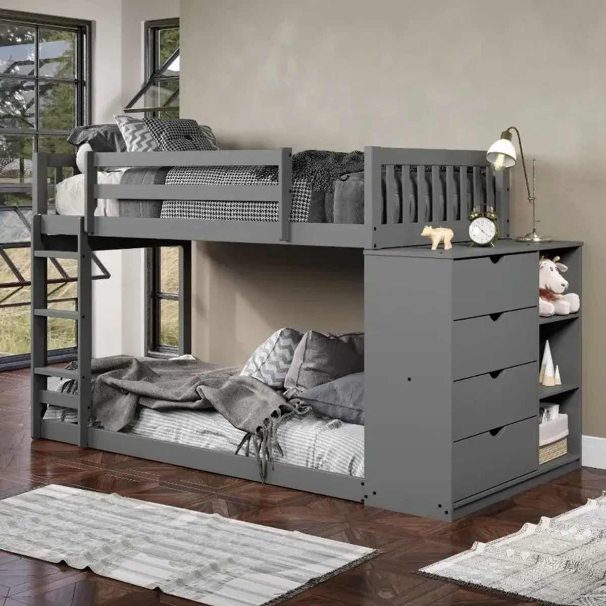 Mission Gray Twin-over-Twin Bunk Bed with Chest