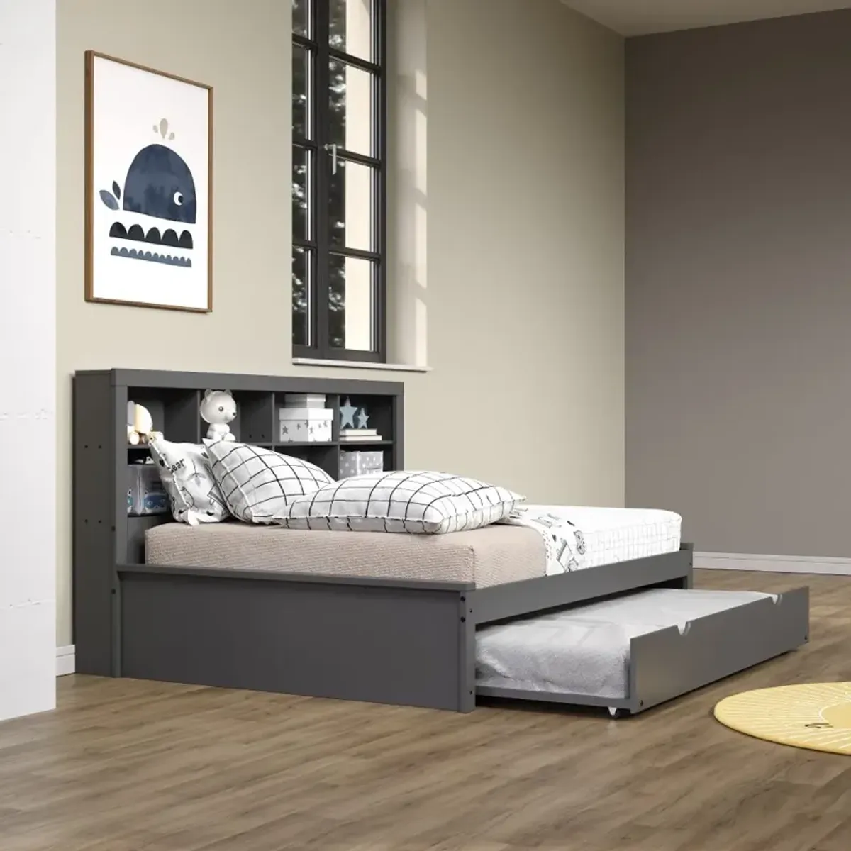 Gray Full Bookcase Daybed with Trundle