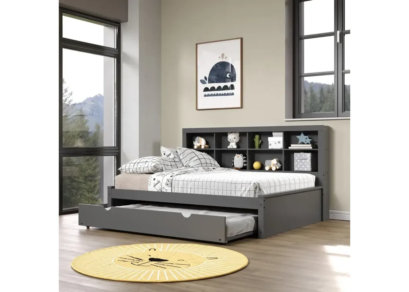 Gray Full Bookcase Daybed with Trundle