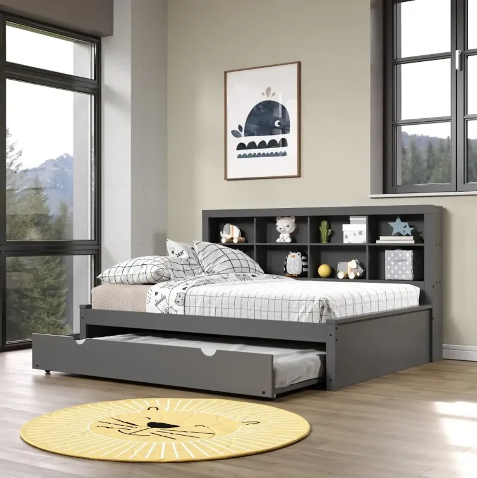 Gray Full Bookcase Daybed with Trundle