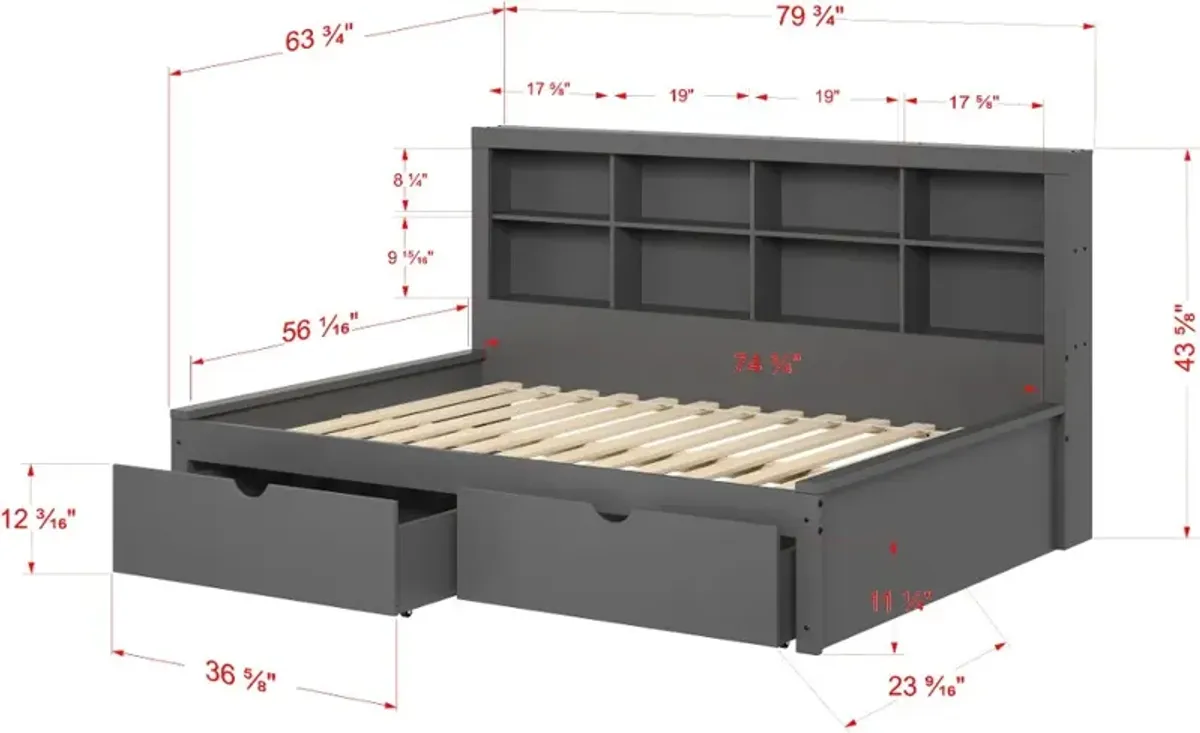 Gray Full Bookcase Daybed with Storage Drawers