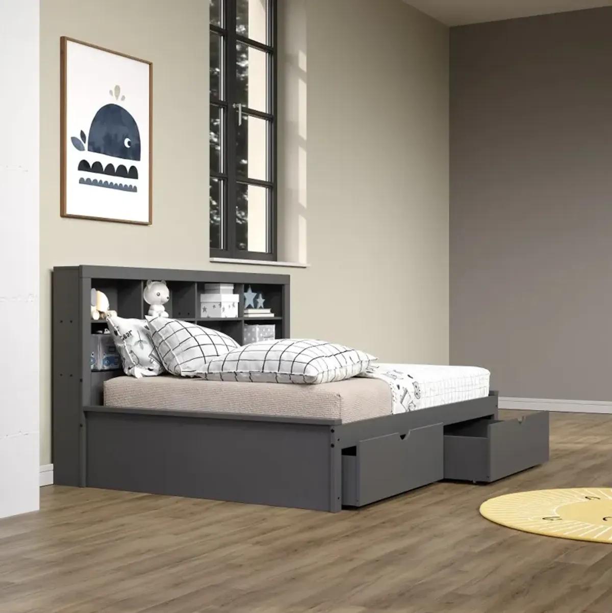 Gray Full Bookcase Daybed with Storage Drawers