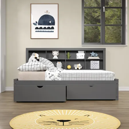 Gray Full Bookcase Daybed with Storage Drawers