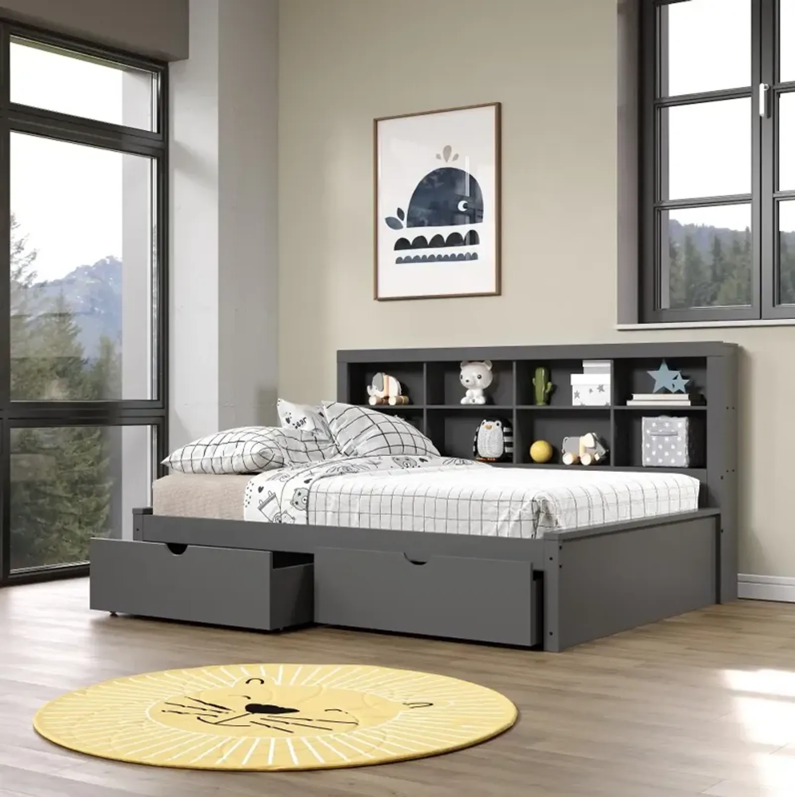 Gray Full Bookcase Daybed with Storage Drawers